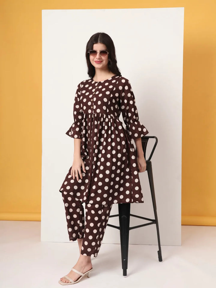 Brown Cotton Maternity Gathered Or Pleated Kurta Pants Set