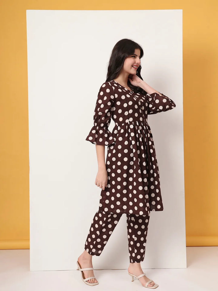 Brown Cotton Maternity Gathered Or Pleated Kurta Pants Set