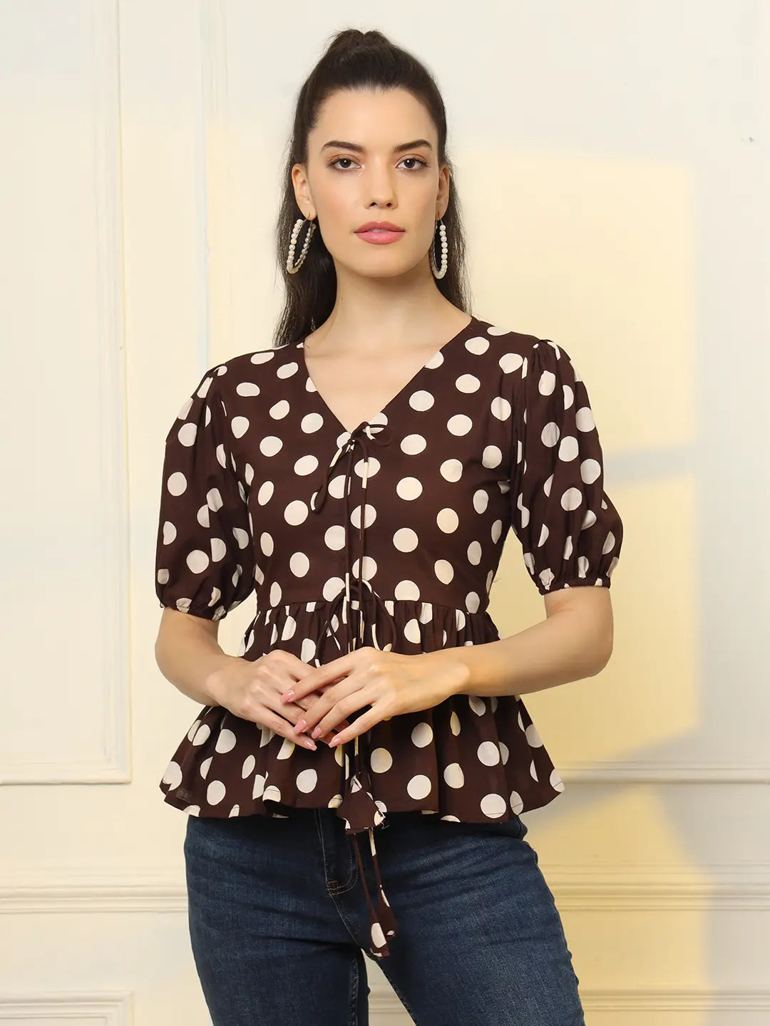 Women's Brown Cotton Brown Cotton Polka Dot Brown Tie Up Peplum Top by Yufta, suitable for wholesale buyers, boutiques, retailers, resellers and bulk fashion orders from Trendphoria