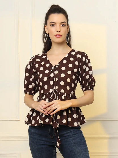 Women's Brown Cotton Brown Cotton Polka Dot Brown Tie Up Peplum Top by Yufta, suitable for wholesale buyers, boutiques, retailers, resellers and bulk fashion orders from Trendphoria