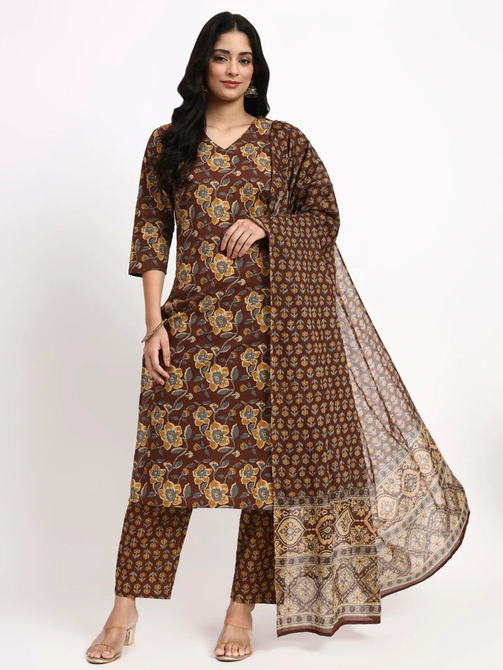Cotton Straight Kurta Pant Dupatta Set