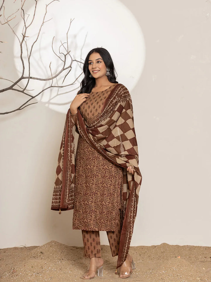 Brown Leaf Print Cotton Straight Kurta Dupatta Set