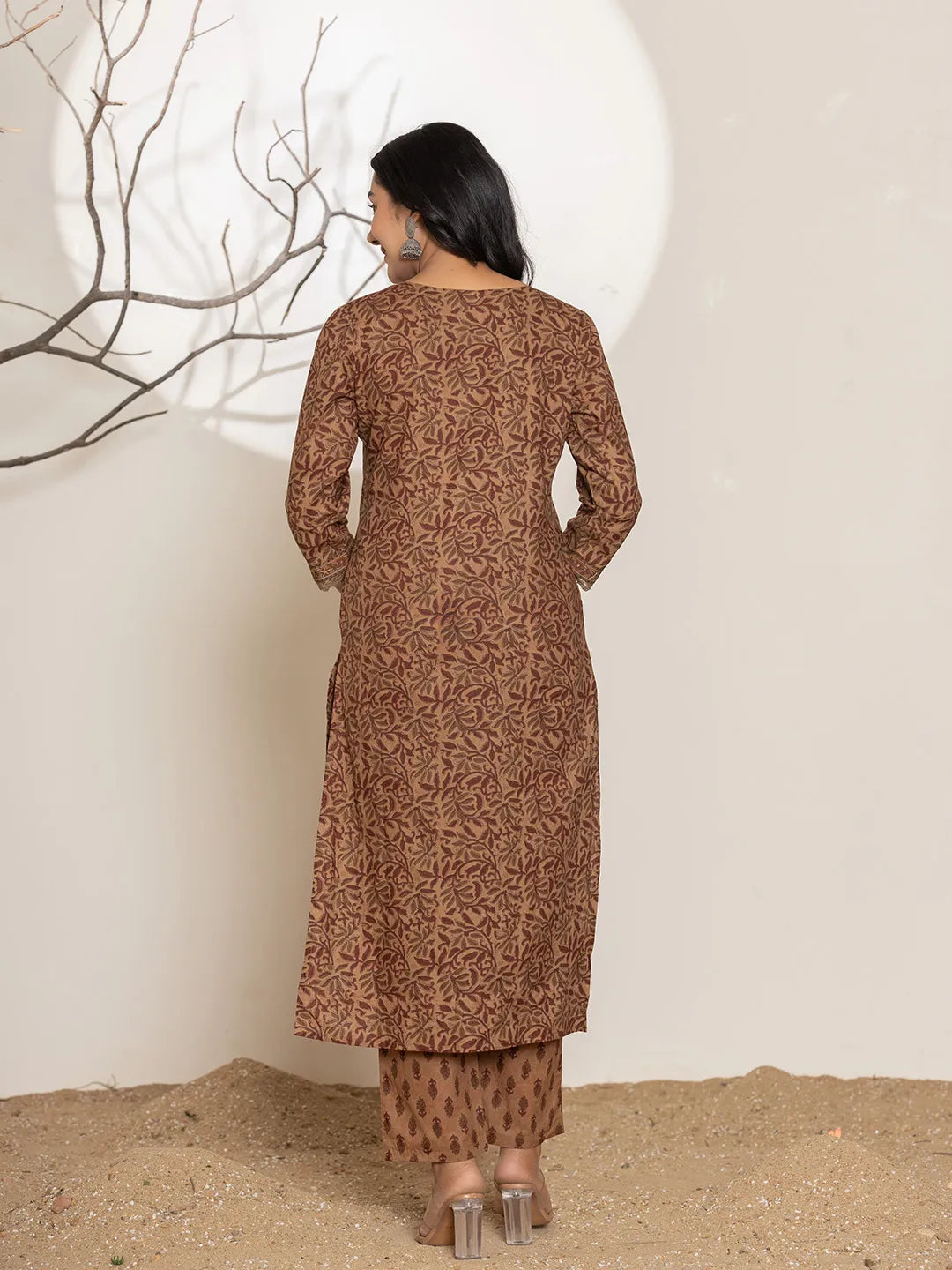 Brown Leaf Print Cotton Straight Kurta Dupatta Set
