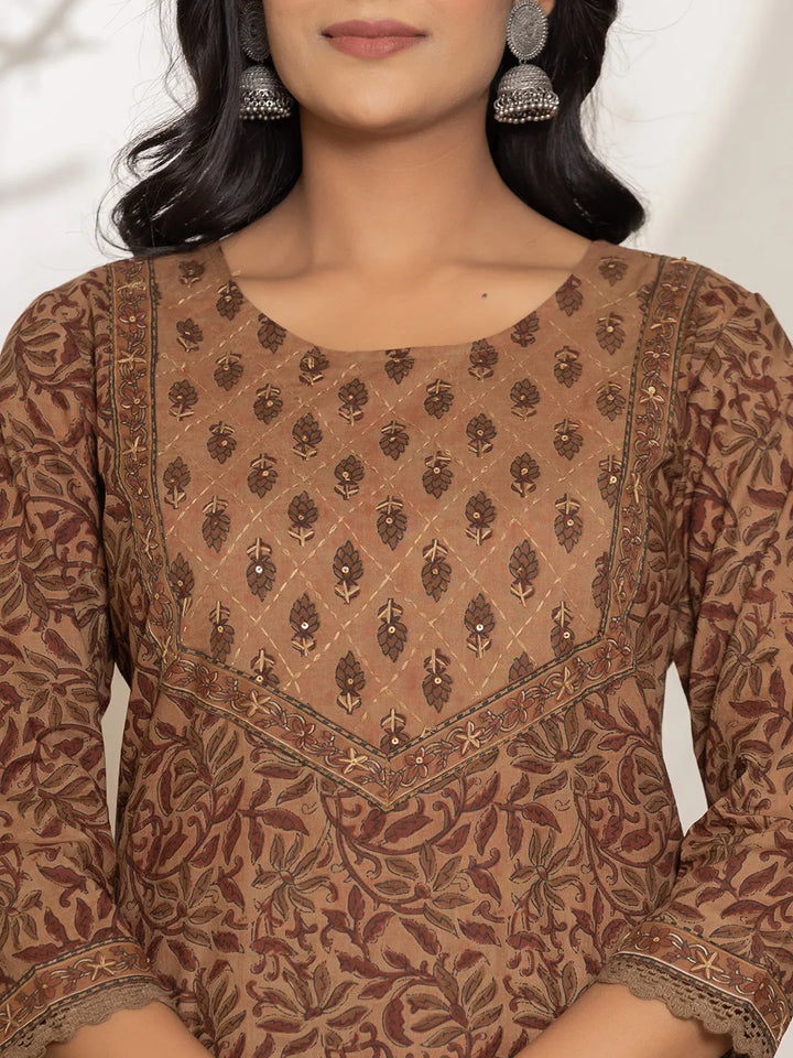 Brown Leaf Print Cotton Straight Kurta Dupatta Set