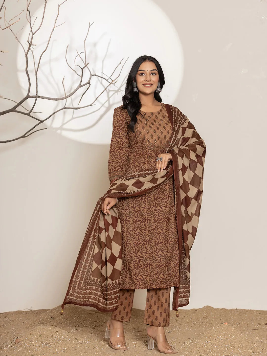 Brown Leaf Print Cotton Straight Kurta Dupatta Set