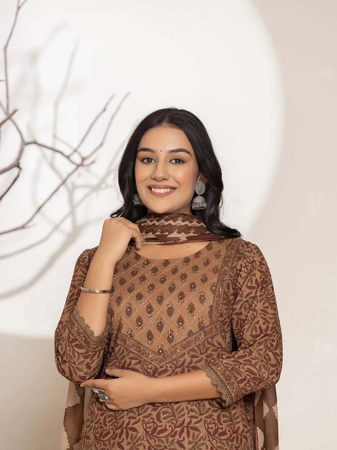 Brown Leaf Print Cotton Straight Kurta Dupatta Set