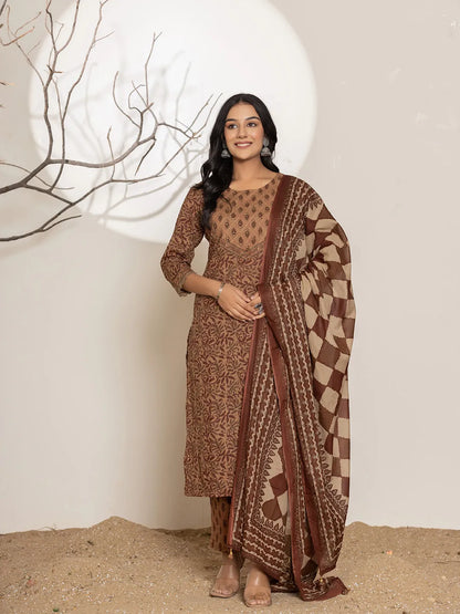 Women's Brown Cotton Brown Leaf Print Cotton Straight Kurta Dupatta Set by Yufta, suitable for wholesale buyers, boutiques, retailers, resellers and bulk fashion orders from Trendphoria