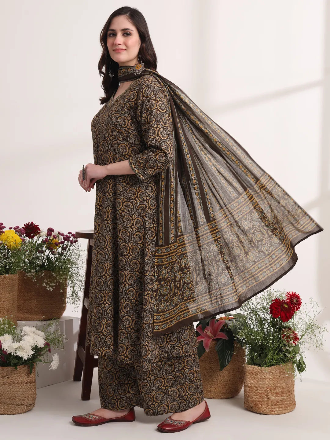 Brown Printed A-Line Kurta Palazzo And Dupatta Set