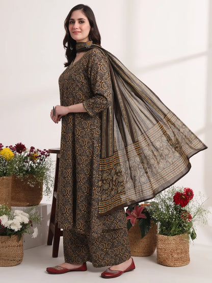 Brown Printed A-Line Kurta Palazzo And Dupatta Set