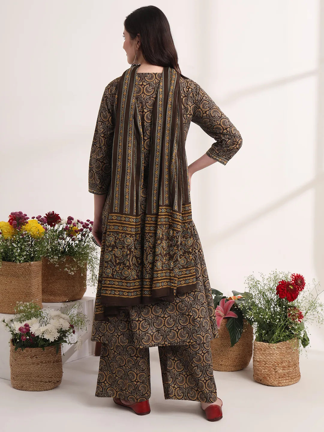 Brown Printed A-Line Kurta Palazzo And Dupatta Set