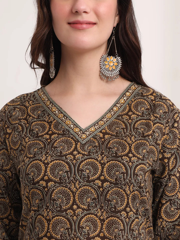 Brown Printed A-Line Kurta Palazzo And Dupatta Set