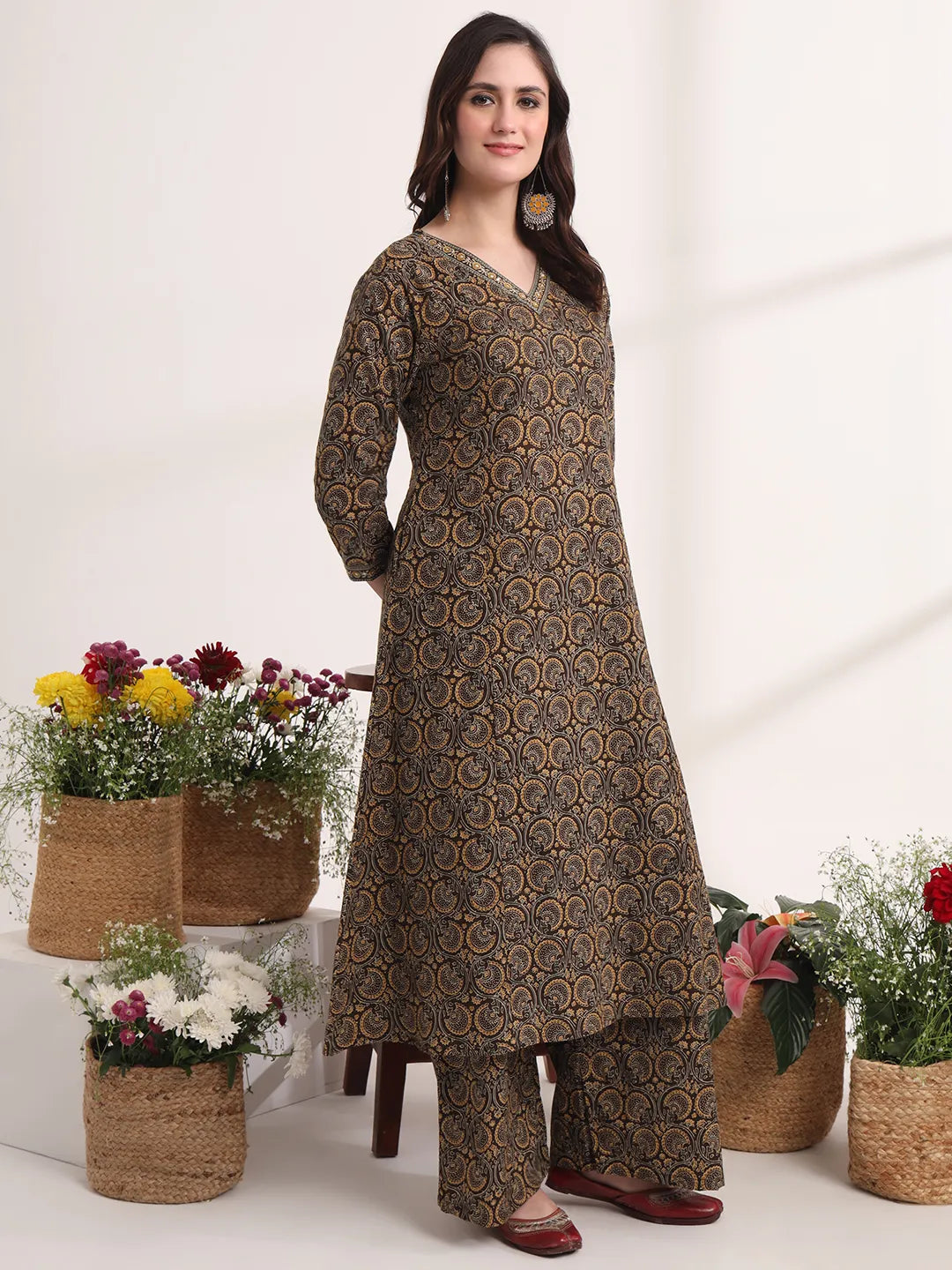 Brown Printed A-Line Kurta Palazzo And Dupatta Set