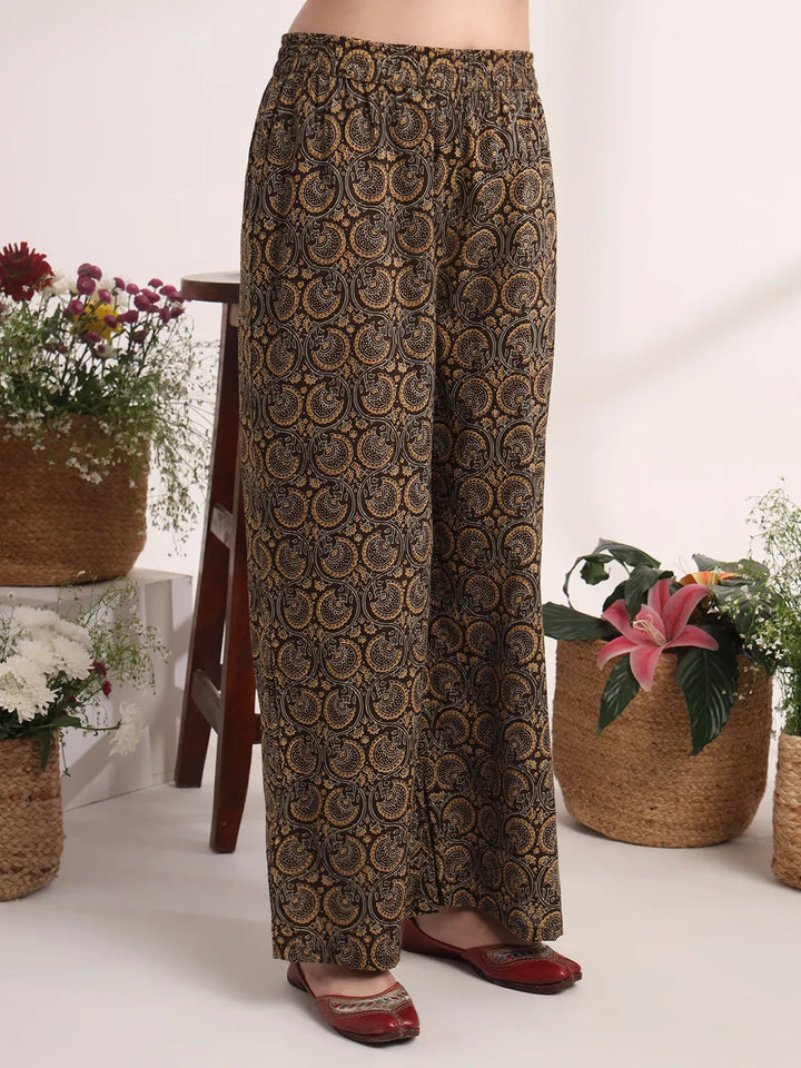 Brown Printed A-Line Kurta Palazzo And Dupatta Set