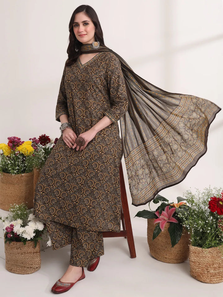 Brown Printed A-Line Kurta Palazzo And Dupatta Set
