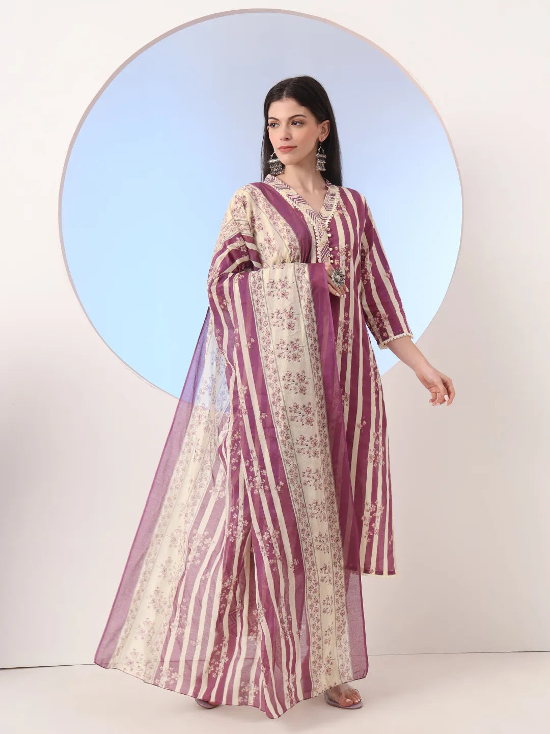 Burgundy And Cream Striped Straight Thread Work Kurta And Trouser With Dupatta Set