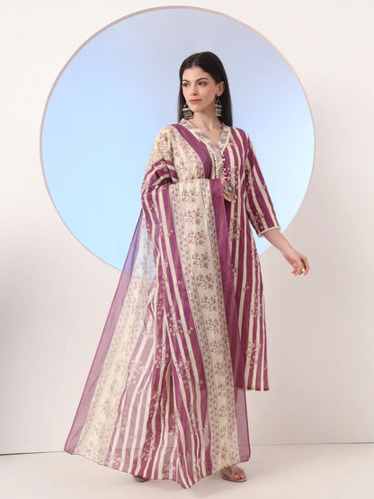 Burgundy And Cream Striped Straight Thread Work Kurta And Trouser With Dupatta Set