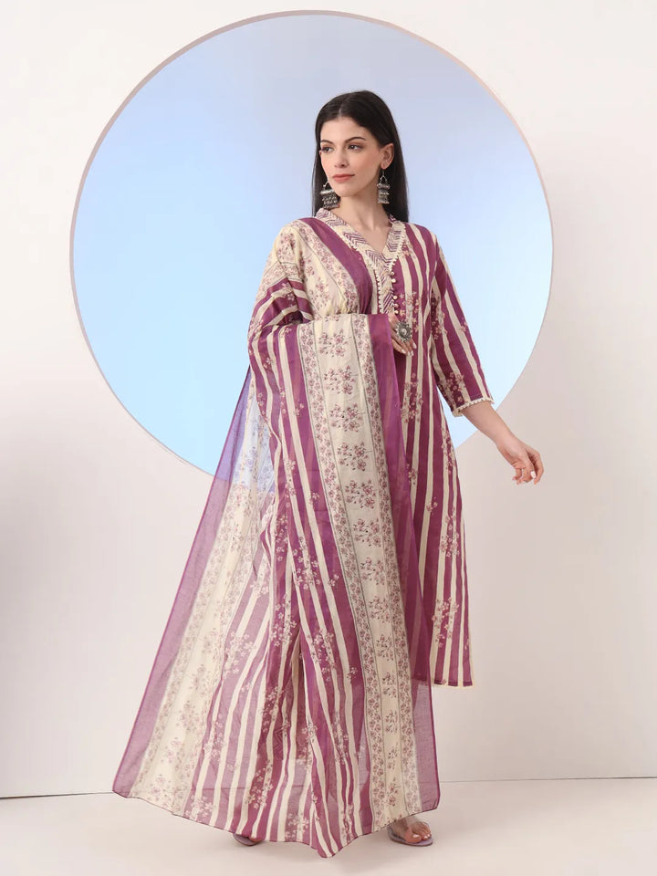 Burgundy And Cream Striped Straight Thread Work Kurta And Trouser With Dupatta Set