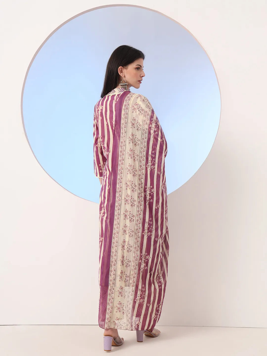 Burgundy And Cream Striped Straight Thread Work Kurta And Trouser With Dupatta Set