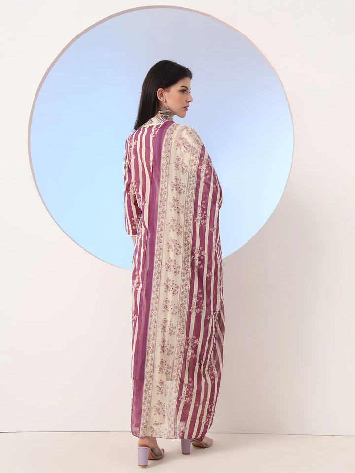 Burgundy And Cream Striped Straight Thread Work Kurta And Trouser With Dupatta Set