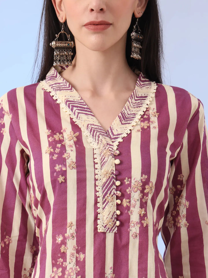 Burgundy And Cream Striped Straight Thread Work Kurta And Trouser With Dupatta Set