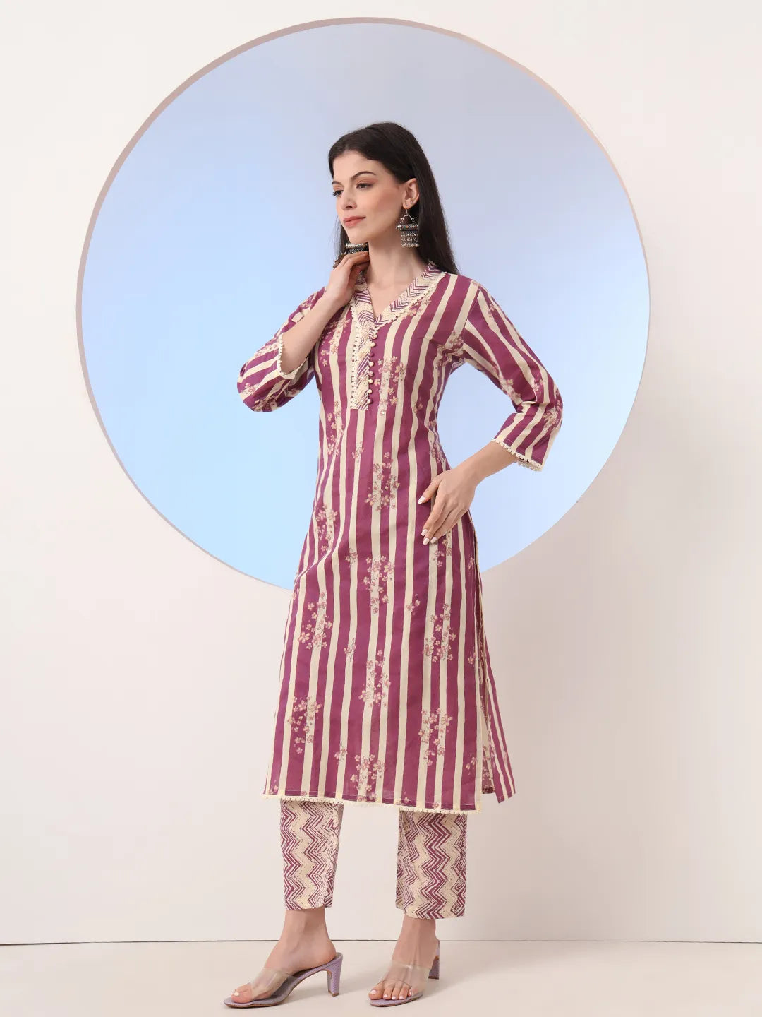 Burgundy And Cream Striped Straight Thread Work Kurta And Trouser With Dupatta Set