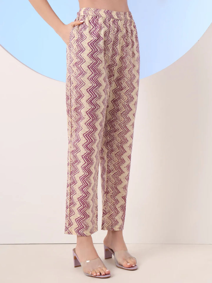 Burgundy And Cream Striped Straight Thread Work Kurta And Trouser With Dupatta Set