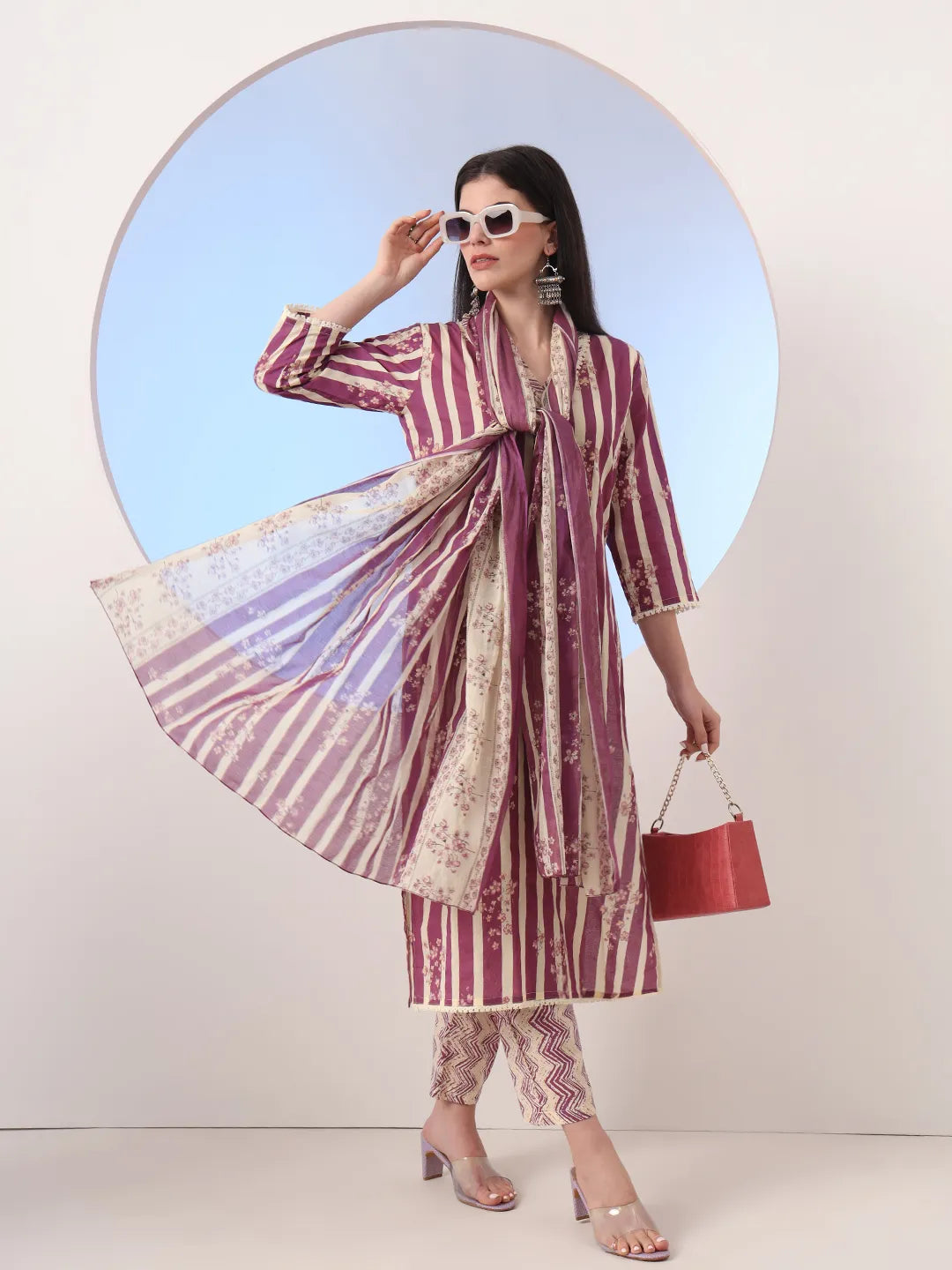Burgundy And Cream Striped Straight Thread Work Kurta And Trouser With Dupatta Set