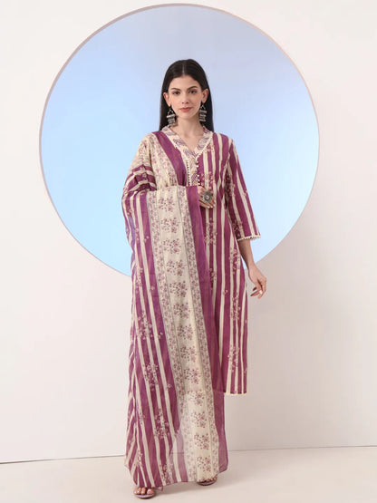 Women's Burgundy Cotton Burgundy And Cream Striped Straight Thread Work Kurta And Trouser With Dupatta Set by Yufta, suitable for wholesale buyers, boutiques, retailers, resellers and bulk fashion orders from Trendphoria