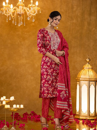 Burgundy Cotton Dori Embroidery Straight Kurta Dupatta Pant Set