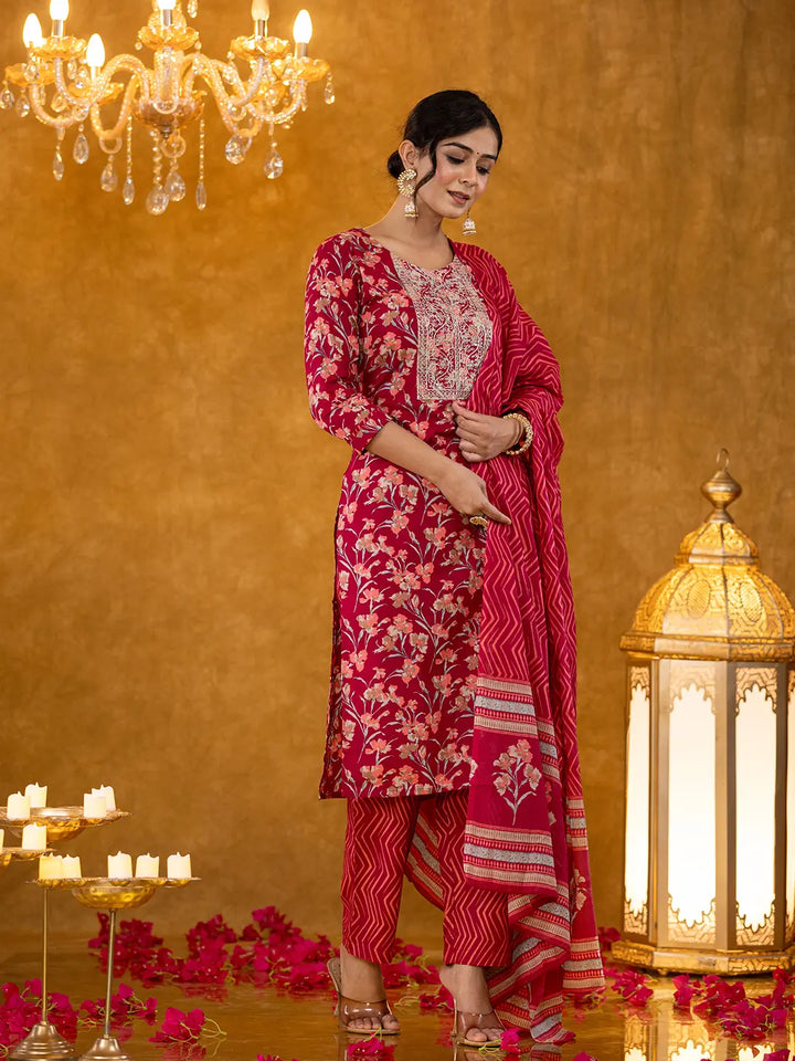 Burgundy Cotton Dori Embroidery Straight Kurta Dupatta Pant Set