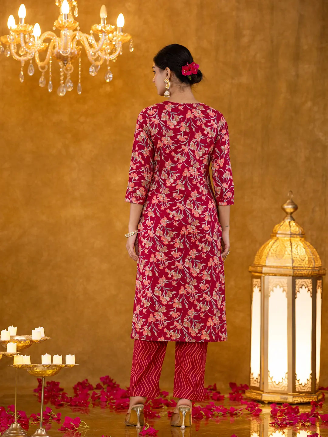 Burgundy Cotton Dori Embroidery Straight Kurta Dupatta Pant Set