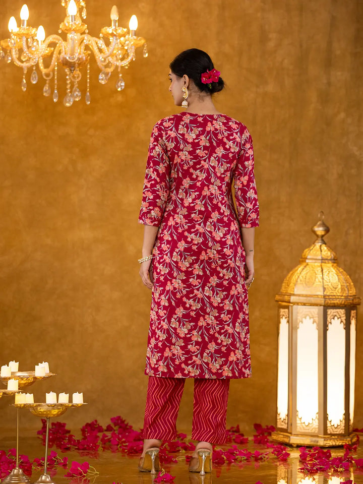 Burgundy Cotton Dori Embroidery Straight Kurta Dupatta Pant Set