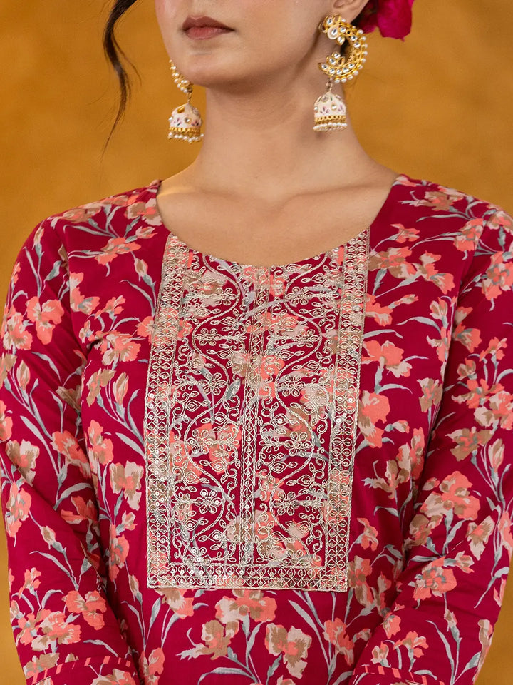 Burgundy Cotton Dori Embroidery Straight Kurta Dupatta Pant Set