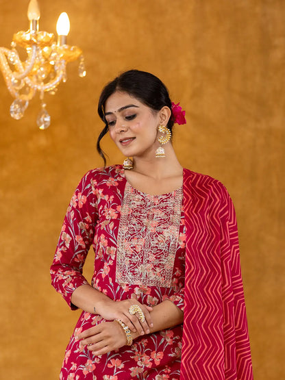 Burgundy Cotton Dori Embroidery Straight Kurta Dupatta Pant Set