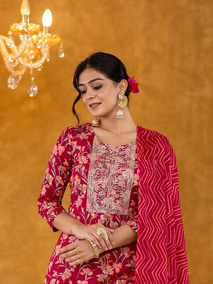 Burgundy Cotton Dori Embroidery Straight Kurta Dupatta Pant Set