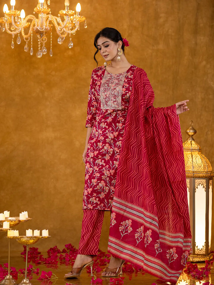 Burgundy Cotton Dori Embroidery Straight Kurta Dupatta Pant Set