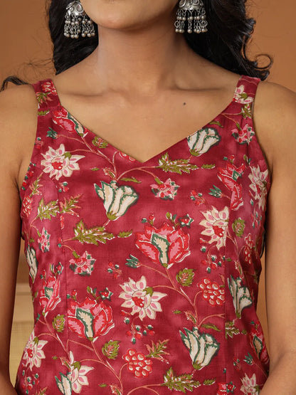 Burgundy Cotton Sleeveless Kurta Dupatta Set