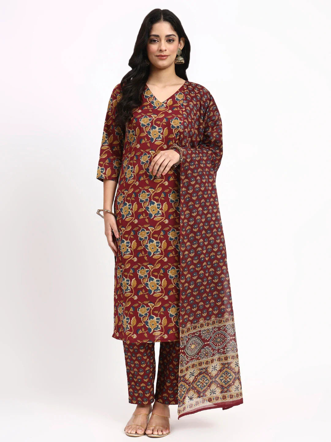 Cotton Straight Kurta Pant Dupatta Set