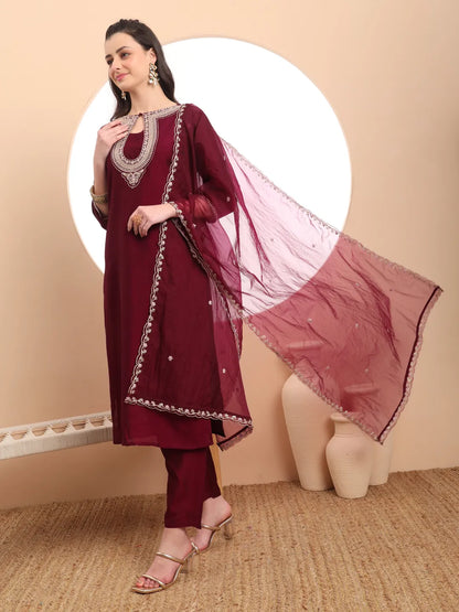 Burgundy Embroidered Kurta With Pant And Dupatta Comes With Cotton Lining