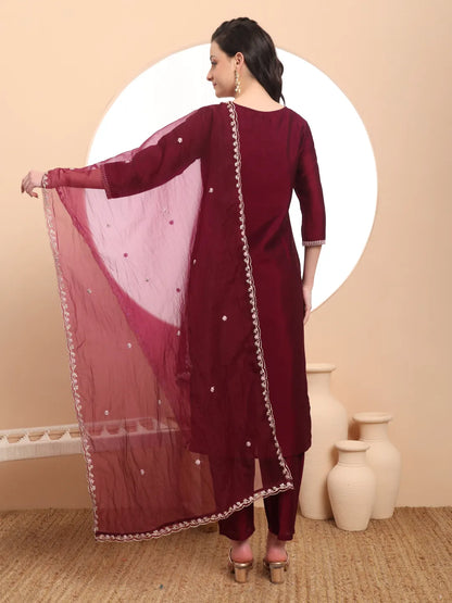 Burgundy Embroidered Kurta With Pant And Dupatta Comes With Cotton Lining