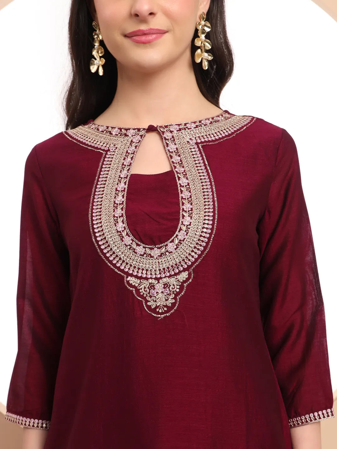 Burgundy Embroidered Kurta With Pant And Dupatta Comes With Cotton Lining