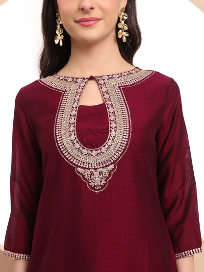 Burgundy Embroidered Kurta With Pant And Dupatta Comes With Cotton Lining