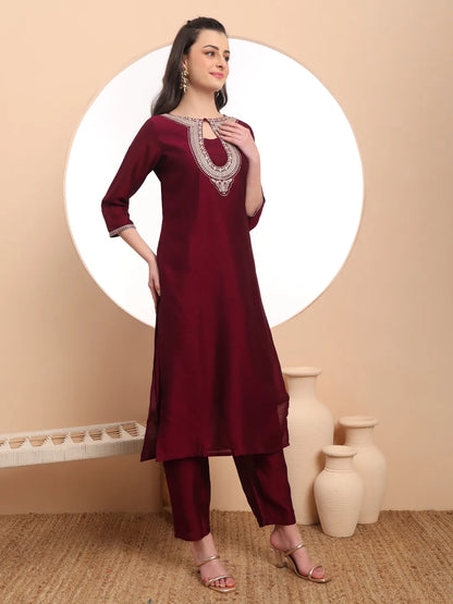 Burgundy Embroidered Kurta With Pant And Dupatta Comes With Cotton Lining