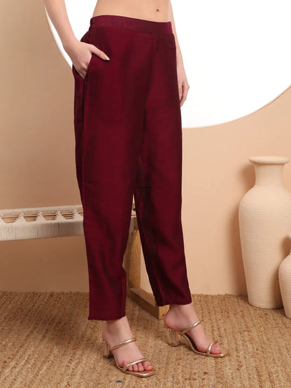 Burgundy Embroidered Kurta With Pant And Dupatta Comes With Cotton Lining