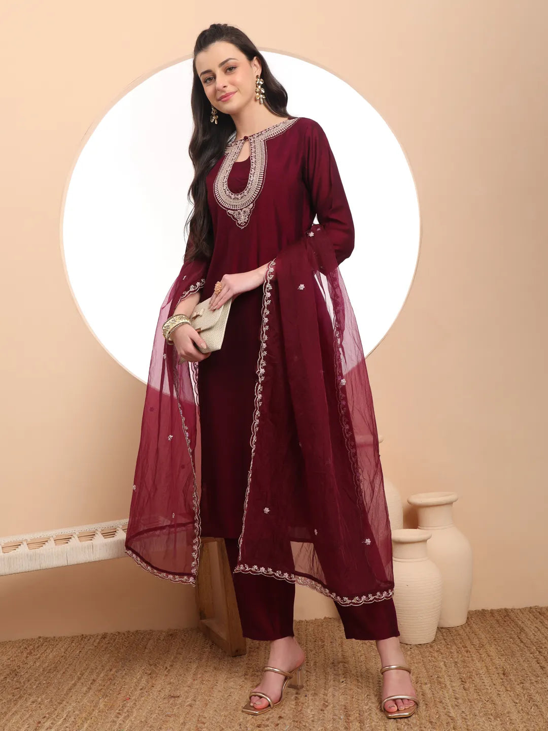 Burgundy Embroidered Kurta With Pant And Dupatta Comes With Cotton Lining