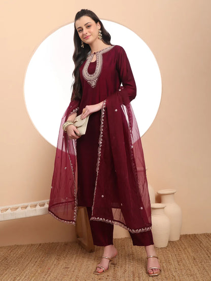 Burgundy Embroidered Kurta With Pant And Dupatta Comes With Cotton Lining