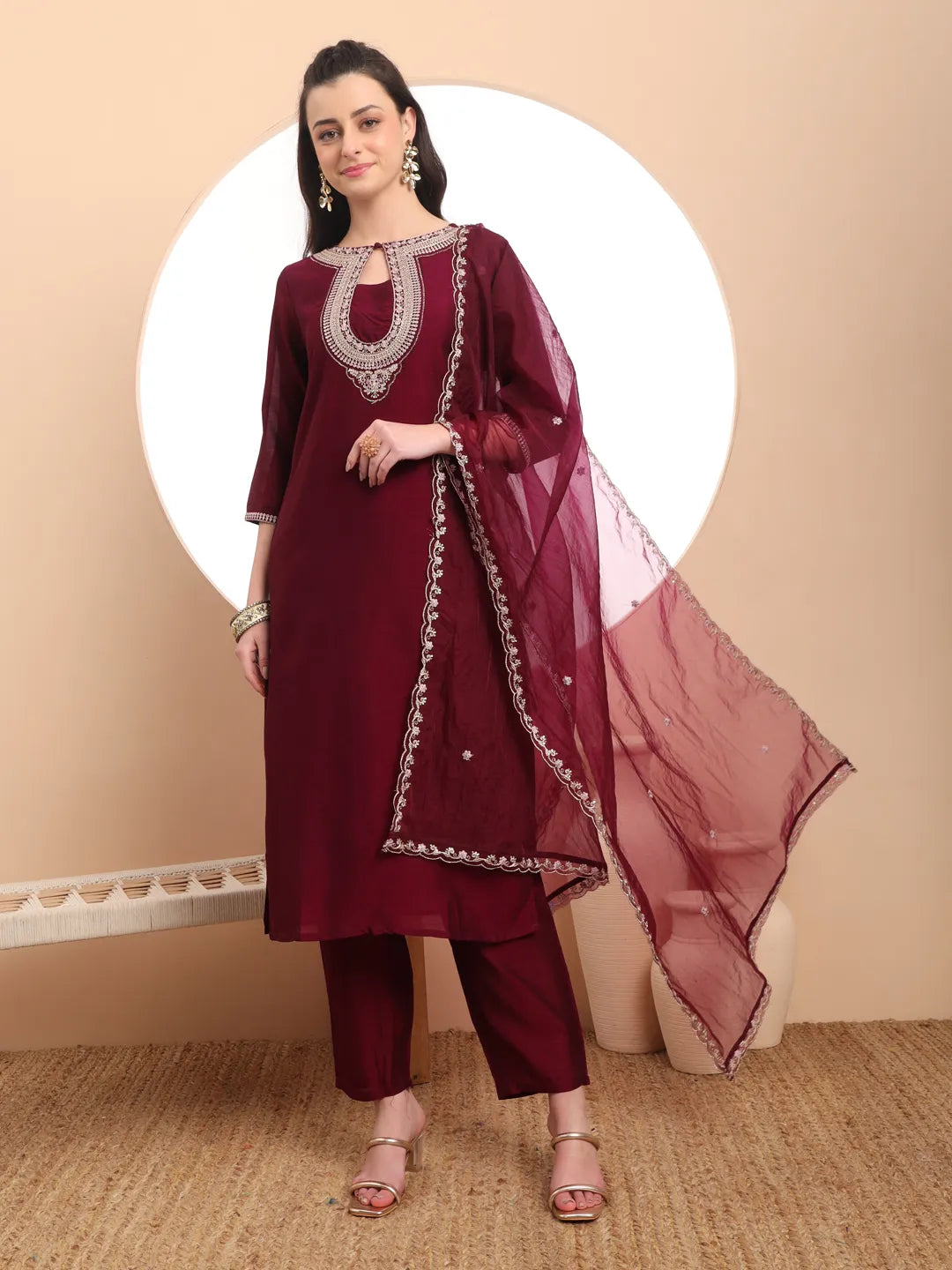 Burgundy Embroidered Kurta With Pant And Dupatta Comes With Cotton Lining