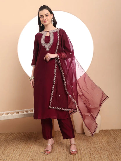 Burgundy Embroidered Kurta With Pant And Dupatta Comes With Cotton Lining