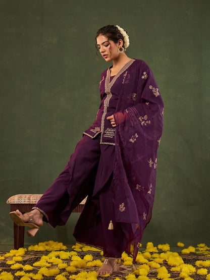 Burgundy Embroidered Straight Silk Blend Long Sleeves Kurti Palazzo Dupatta Set