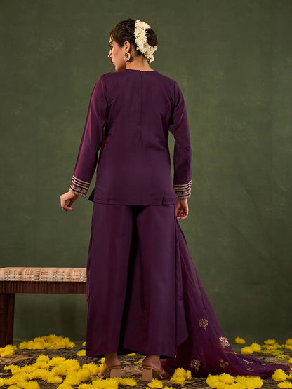 Burgundy Embroidered Straight Silk Blend Long Sleeves Kurti Palazzo Dupatta Set